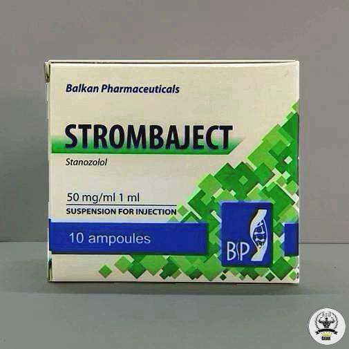 Photograph of a vial of Strombaject 50, an injectable anabolic steroid by Balkan Pharma. The vial is clearly labeled with 'Strombaject 50' and 'Stanozolol' in bold, with a dosage strength of 50 mg/mL. The background is neutral, emphasizing the vial's details, including safety seals, expiration date, and a QR code for authenticity verification. The Balkan Pharma logo is prominently displayed, signifying the brand identity.