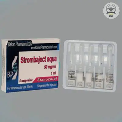 Photograph of a vial of Strombaject 50, an injectable anabolic steroid by Balkan Pharma. The vial is clearly labeled with 'Strombaject 50' and 'Stanozolol' in bold, with a dosage strength of 50 mg/mL. The background is neutral, emphasizing the vial's details, including safety seals, expiration date, and a QR code for authenticity verification. The Balkan Pharma logo is prominently displayed, signifying the brand identity.