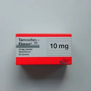 Tamoxifen Ebewe blister pack containing 10 mg tablets, used for the treatment of breast cancer. This medication is manufactured by Ebewe Pharma and is commonly prescribed to prevent the growth of cancer cells. The image shows the packaging and a single tablet to provide a clear view of the product.