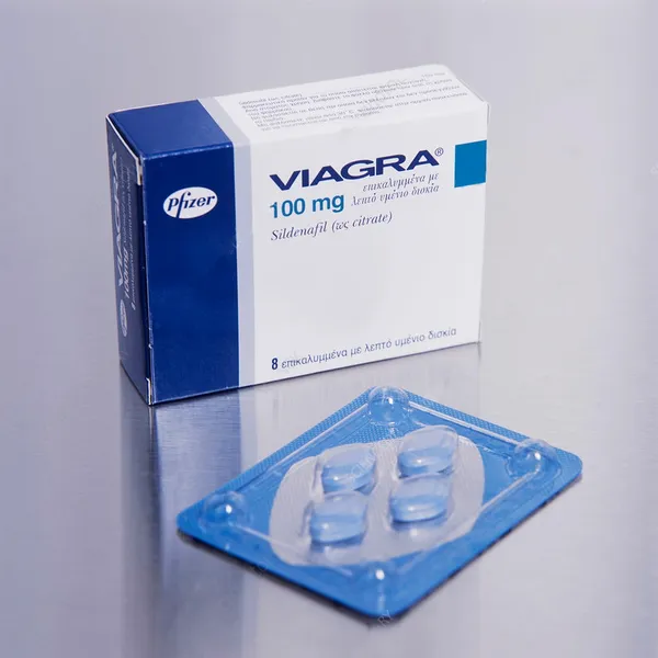 A box of pfizer viagra 100mg pills and 4 pills next to it.